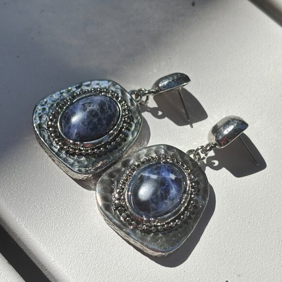 Sodalite Bold Blue Hammered Boho Silver Tone Metal Dangling Earrings - Picture 5 of 6